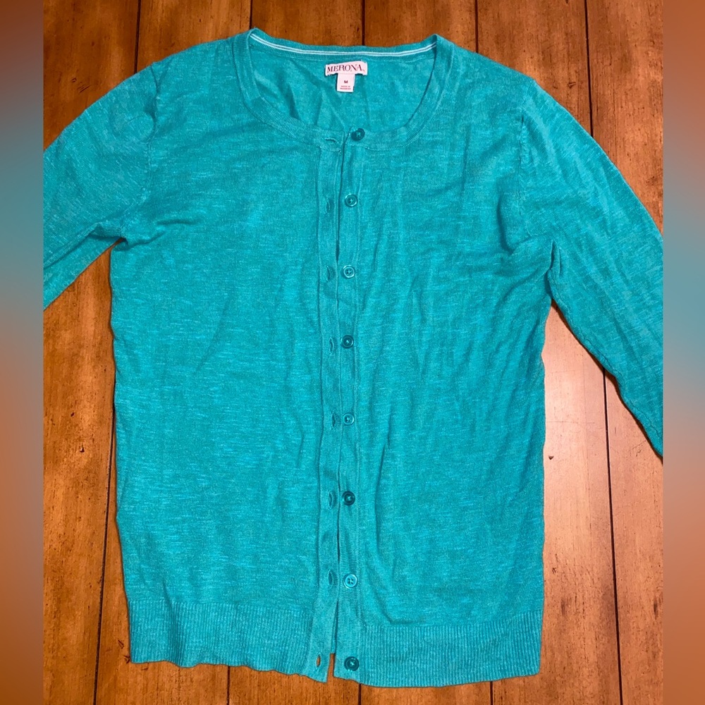Green 3/4 sleeve button up cardigan sweater, size medium. Heathered green/blue